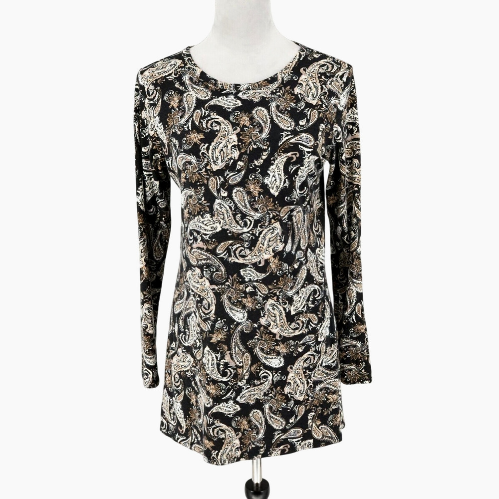J Jill Top Womens Small Black White Beige Stretch Knit Long Blouse Paisley